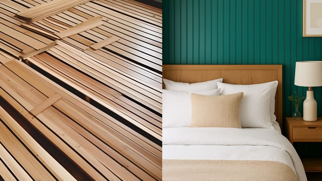 Imagem comparativa mostrando uma cama de casal com cabeceira moderna, feita a partir de ripas de madeira, e uma estrutura rústica, destacando a diferença entre móveis de madeira para decoração de quartos.