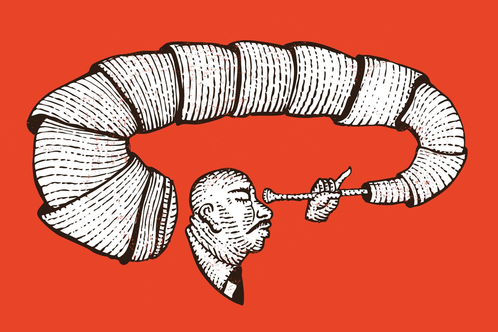 A imagem apresenta uma ilustração estilizada de um homem com a cabeça de perfil, tocando um instrumento que se assemelha a uma flauta. O corpo do homem é representado como uma longa forma espiralada, semelhante a um casulo ou larva, com linhas brancas sobre um fundo vermelho. O homem tem uma expressão concentrada e está segurando o instrumento com uma das mãos.
