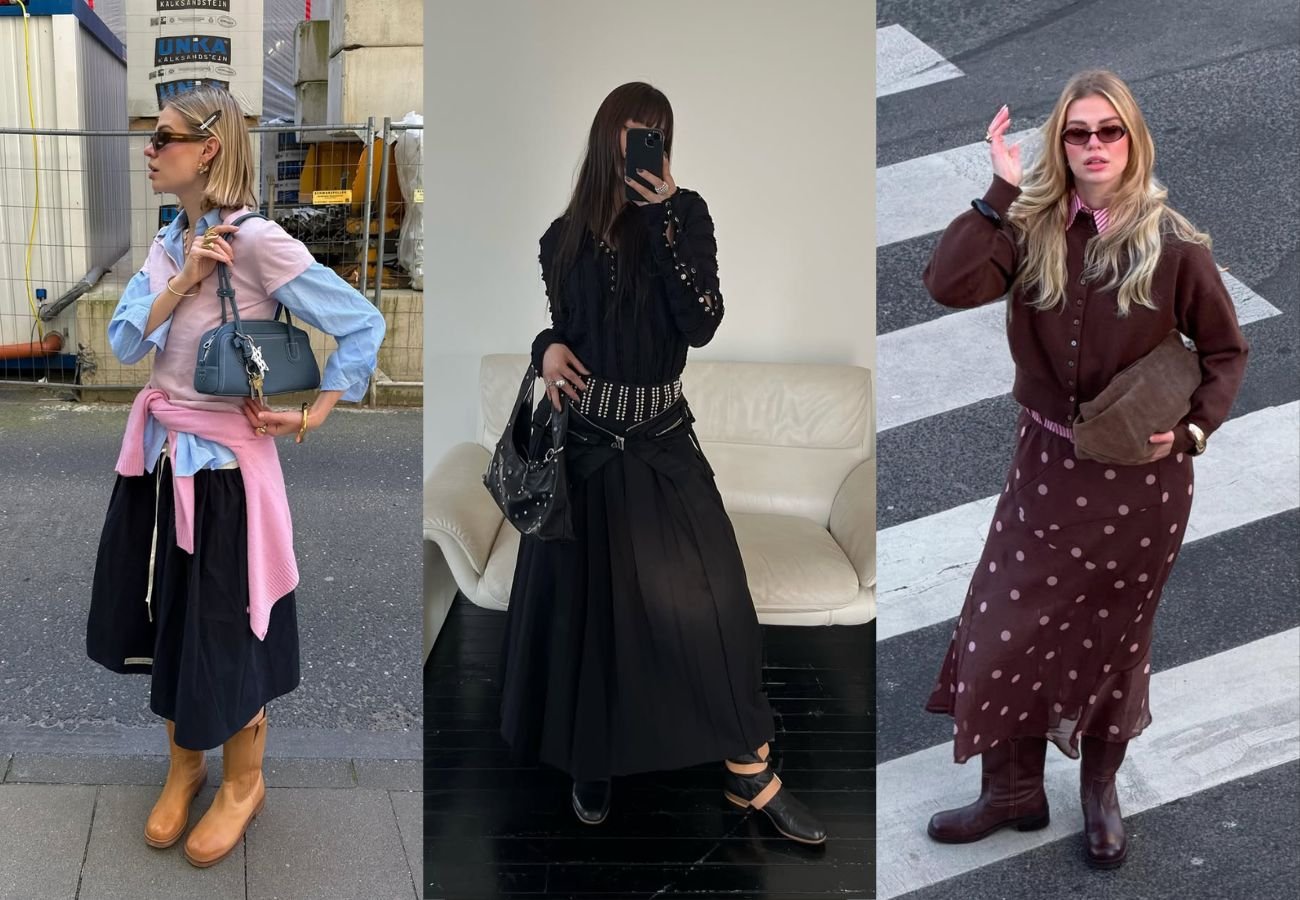 Influencer usando a saia midi nas ruas