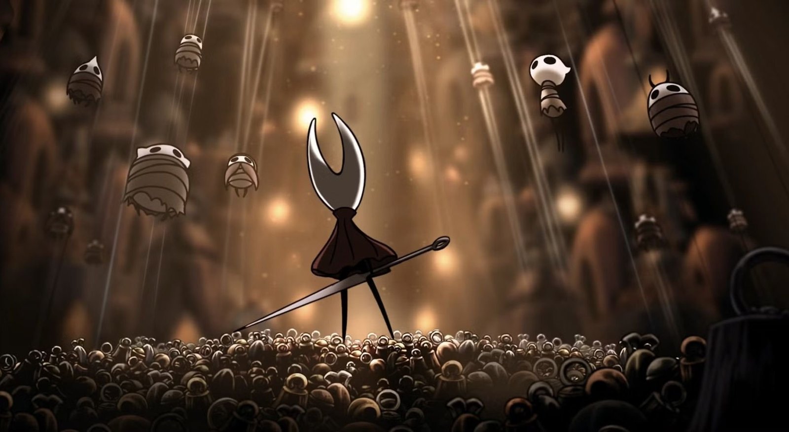 captura-de-hollow-knight-silksong-hornet-empunhando-arma-inimigos-insetos-cenário-escuro