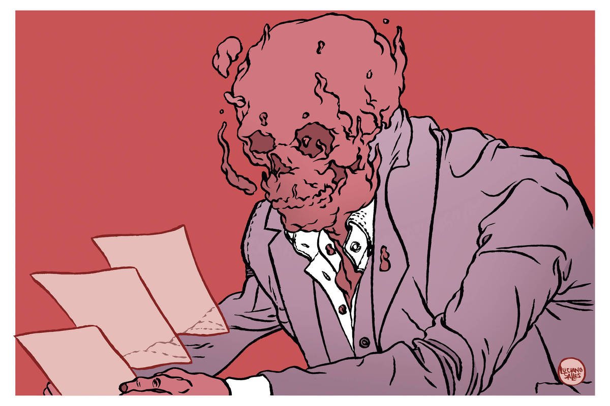 A ilustração de Luciano Salles, publicada na Folha de São Paulo no dia 16 de novembro de 2025, mostra o tronco de um homem de terno púrpura claro que está lendo uma carta. Veste camisa branca e segura esta folha de papel que multiplica em outras duas em direção ao rosto do leitor. A cabeça deste leitor é no formato de uma caveira que é feita de um fumaça de cor rosa da claro. O fundo da ilustração de de um fundo também rosa