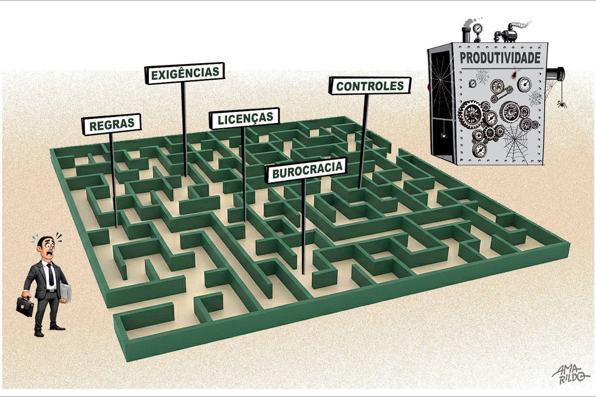 A imagem mostra uma cena ilustrada em estilo de charge. No centro, há um grande labirinto verde, visto de cima, com paredes altas e caminhos complexos. Sobre diferentes partes desse labirinto, há placas verticais indicando obstáculos burocráticos: