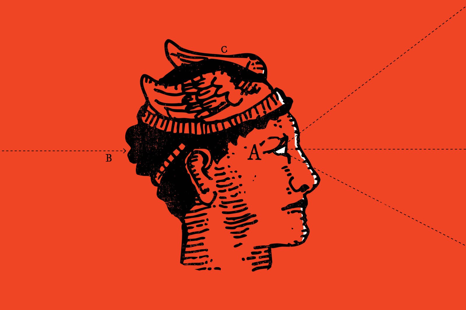 Desenho em preto de perfil direito de uma cabeça humana com touca alada, sobre fundo vermelho. Três pontos rotulados como A no rosto, B na parte traseira da cabeça e C no topo da touca, com linhas pontilhadas indicando cada ponto.