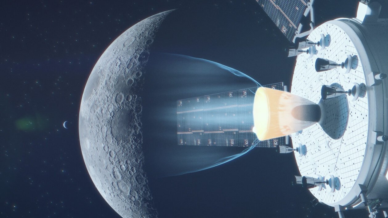 Ilustração: Motor Orion disparando durante sobrevoo lunar