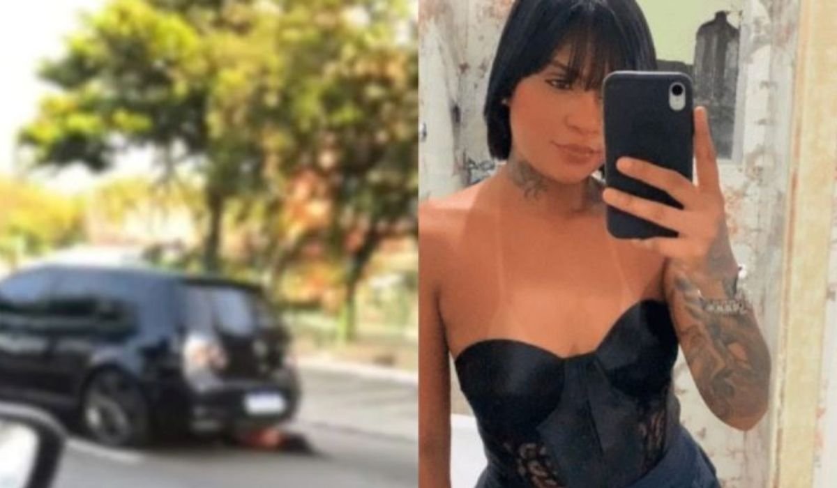 Imagem mostra uma colagem de fotos em que aparece o carro que atropelou Tainara e a jovem tirando uma foto no espelho.