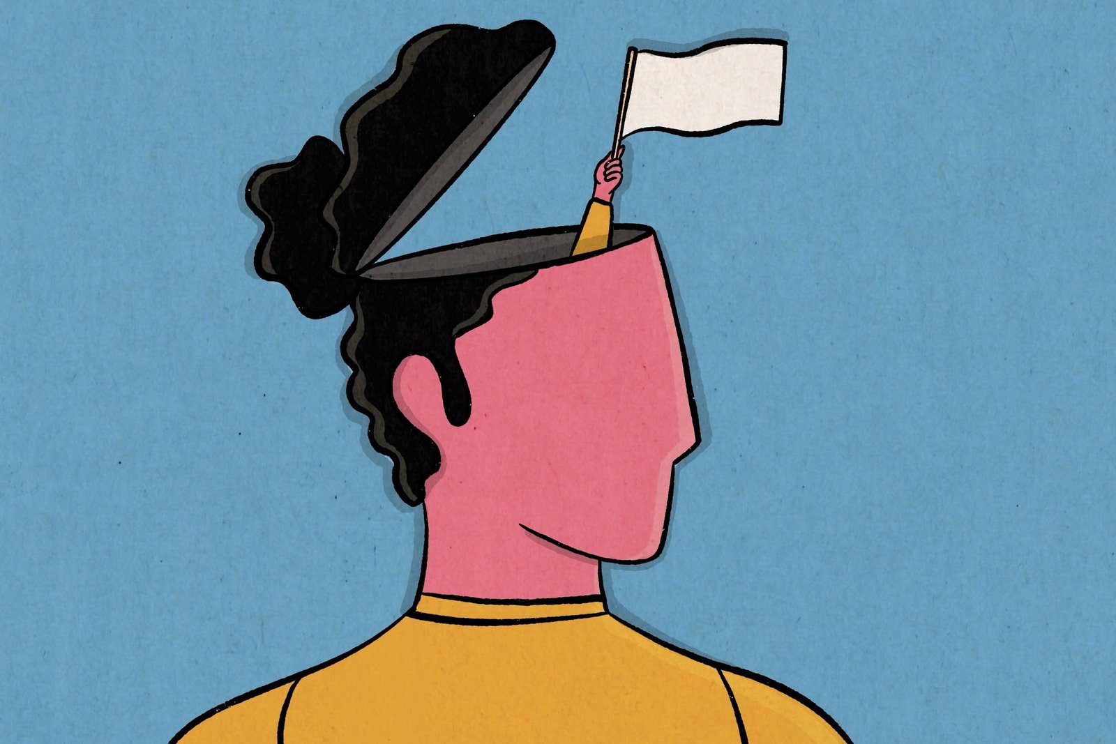 A ilustração mostra uma pessoa de perfil, com a pele rosa e vestindo uma blusa amarela, contra um fundo azul. O topo da cabeça está aberto como uma tampa, e de dentro dela surge uma pequena mão segurando uma bandeira branca.