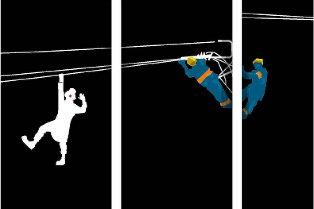 A figura de palhaço está pendurada nos fios de alta tensão de um posto enquanto o mesmo é reparado por dois técnicos uniformizados.