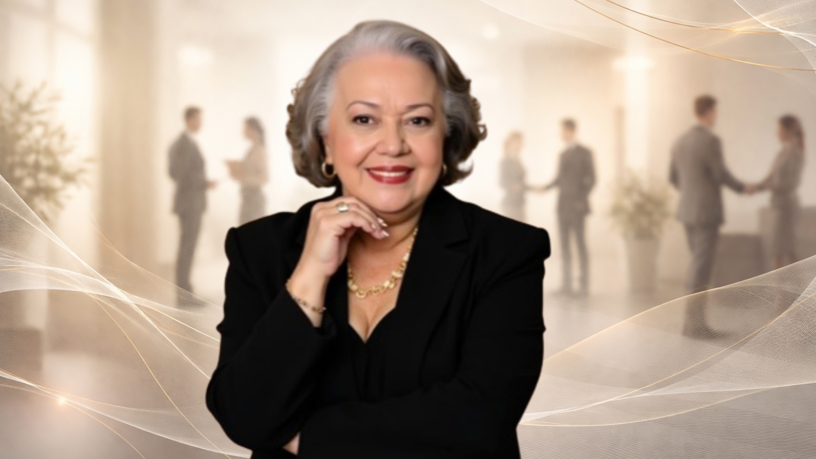 Myrinha Vasconcellos, especialista em vendas e relacionamento, em retrato editorial com fundo corporativo que simboliza experiência do cliente e conexão entre pessoas.
