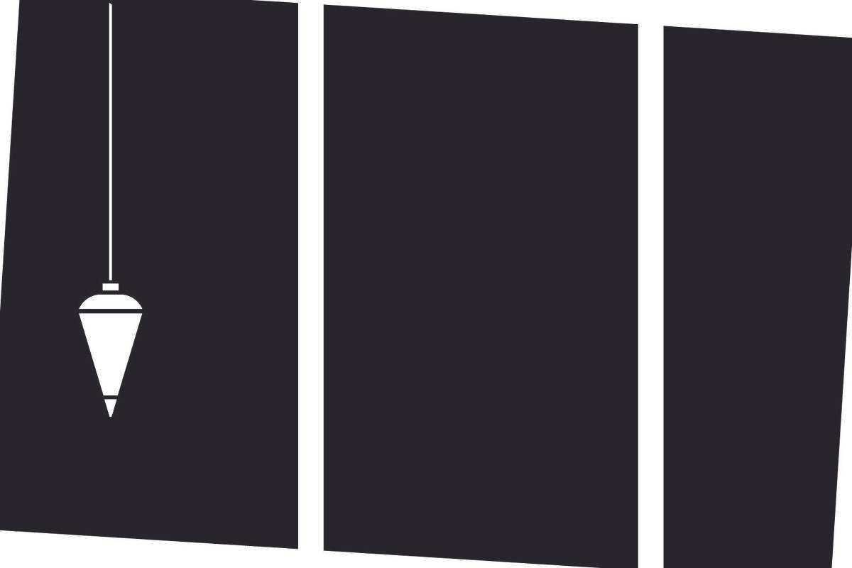 Ilustração em preto sob fundo branco de um fio de prumo contrasta com um fundo escuro desalinhado.