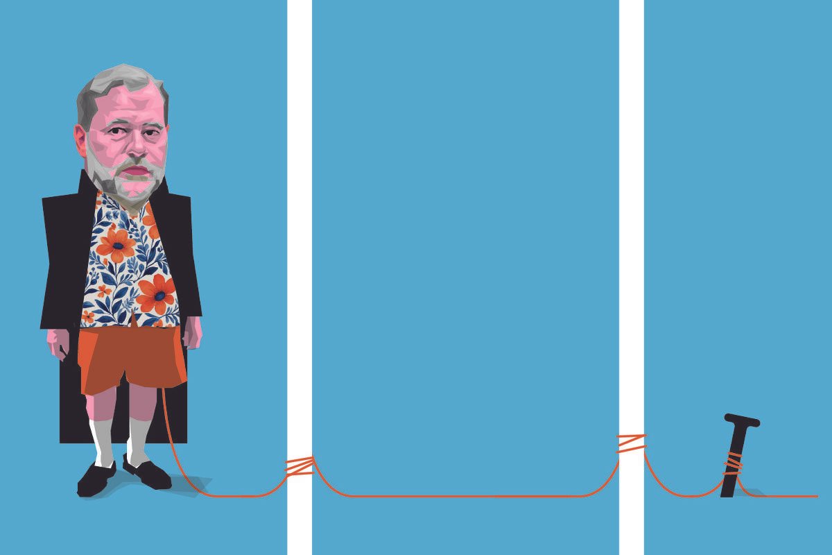 Caricatura Dias Toffoli, Ministro do Supremo Tribunal Federal, com cabelo e barba grisalhos, veste camisa florida, bermuda vermelha e casaco preto. Ele está amarrado por um cordão vermelho que conecta seu tornozelo a uma estaca fincada no chão, sobre fundo azul claro.