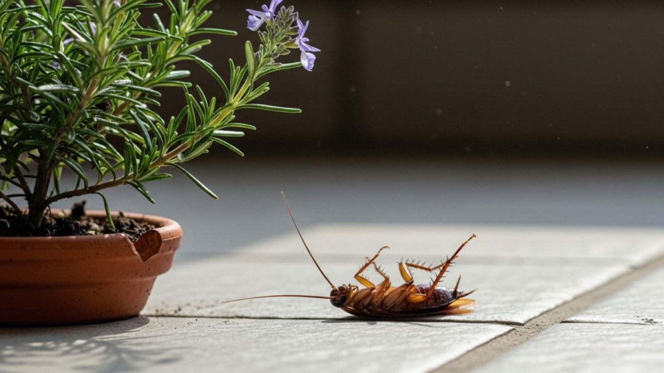 Imagem mostra uma barata morta virada para cima ao lado de uma planta de alecrim.