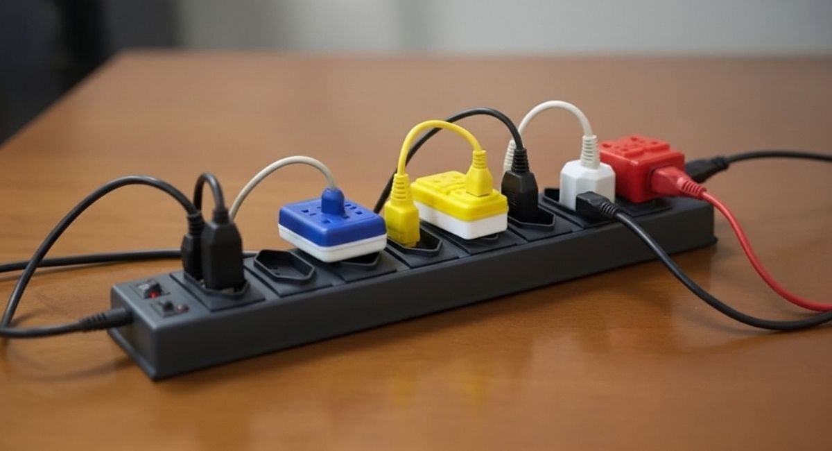 Filtro de linha preto com várias tomadas ocupadas por plugs coloridos, apoiado sobre uma mesa, mostrando o uso simultâneo de diferentes aparelhos elétricos