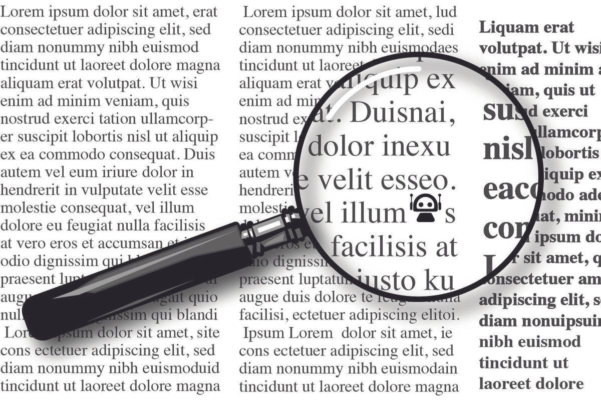 Lupa com cabo preto posicionada sobre uma página com texto em colunas, ampliando parte do texto em fonte serifada. O texto ampliado mostra palavras em latim simulado, destacando letras e detalhes tipográficos.