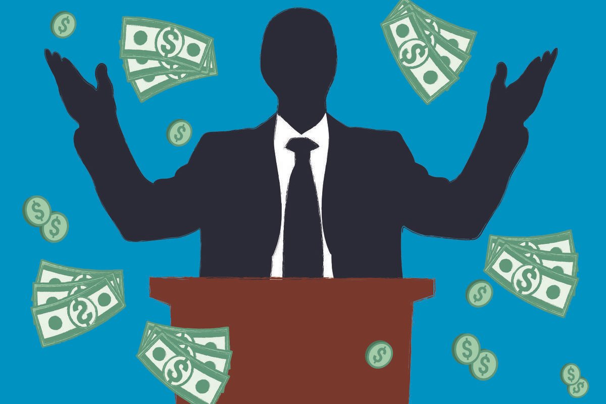 Ilustração de fundo azul, ao centro está a silhueta de um homem com terno e gravata atrás de um púlpito. Ele abre seus braços e ao seu redor cai uma chuva de moedas e cédulas.