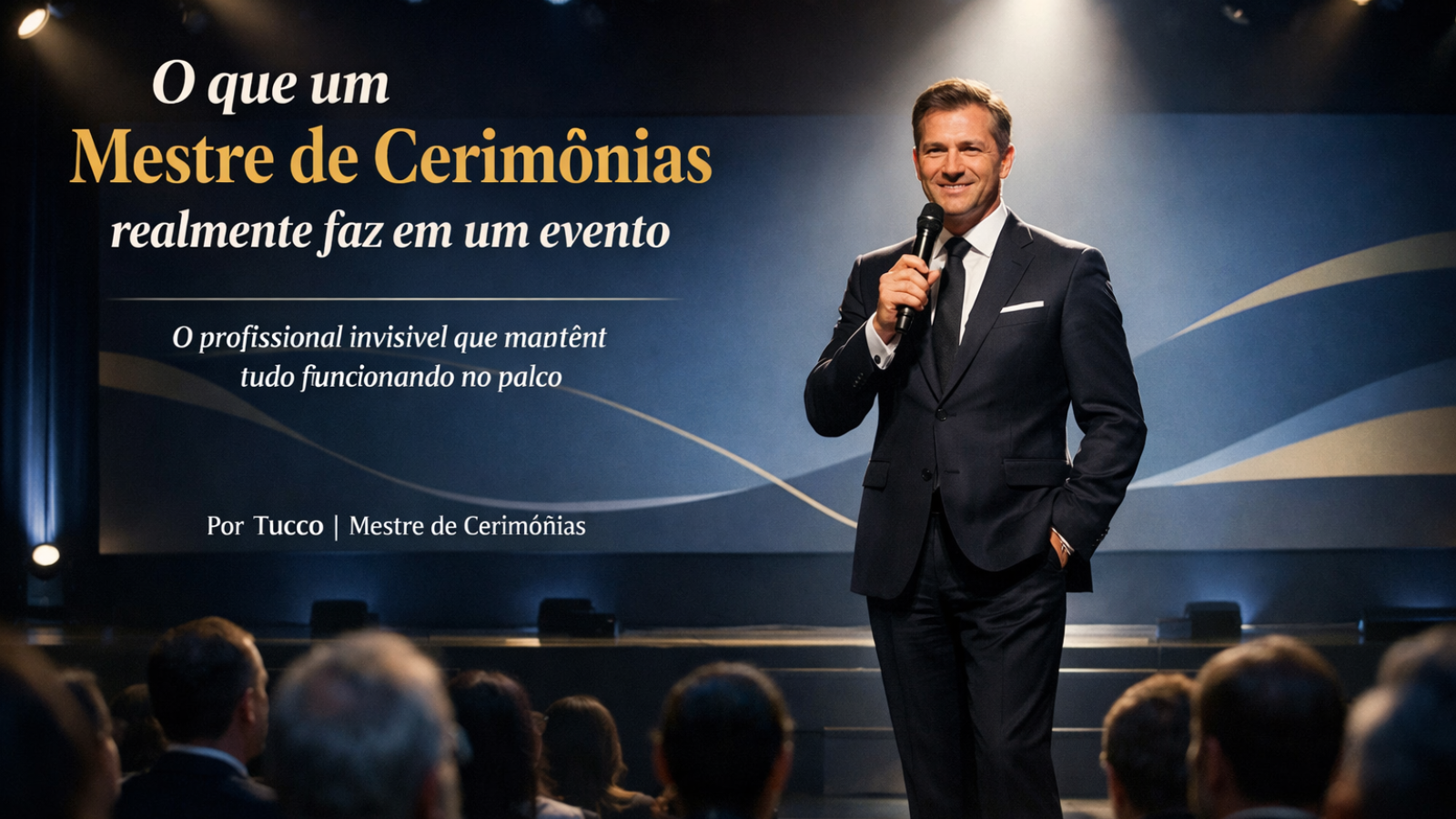 O mestre de cerimônias é o profissional responsável por conduzir o ritmo do evento, conectar palestras e garantir que tudo aconteça dentro do tempo e do propósito do encontro.
Imagem ilustrativa — Tucco, mestre de cerimônias.
