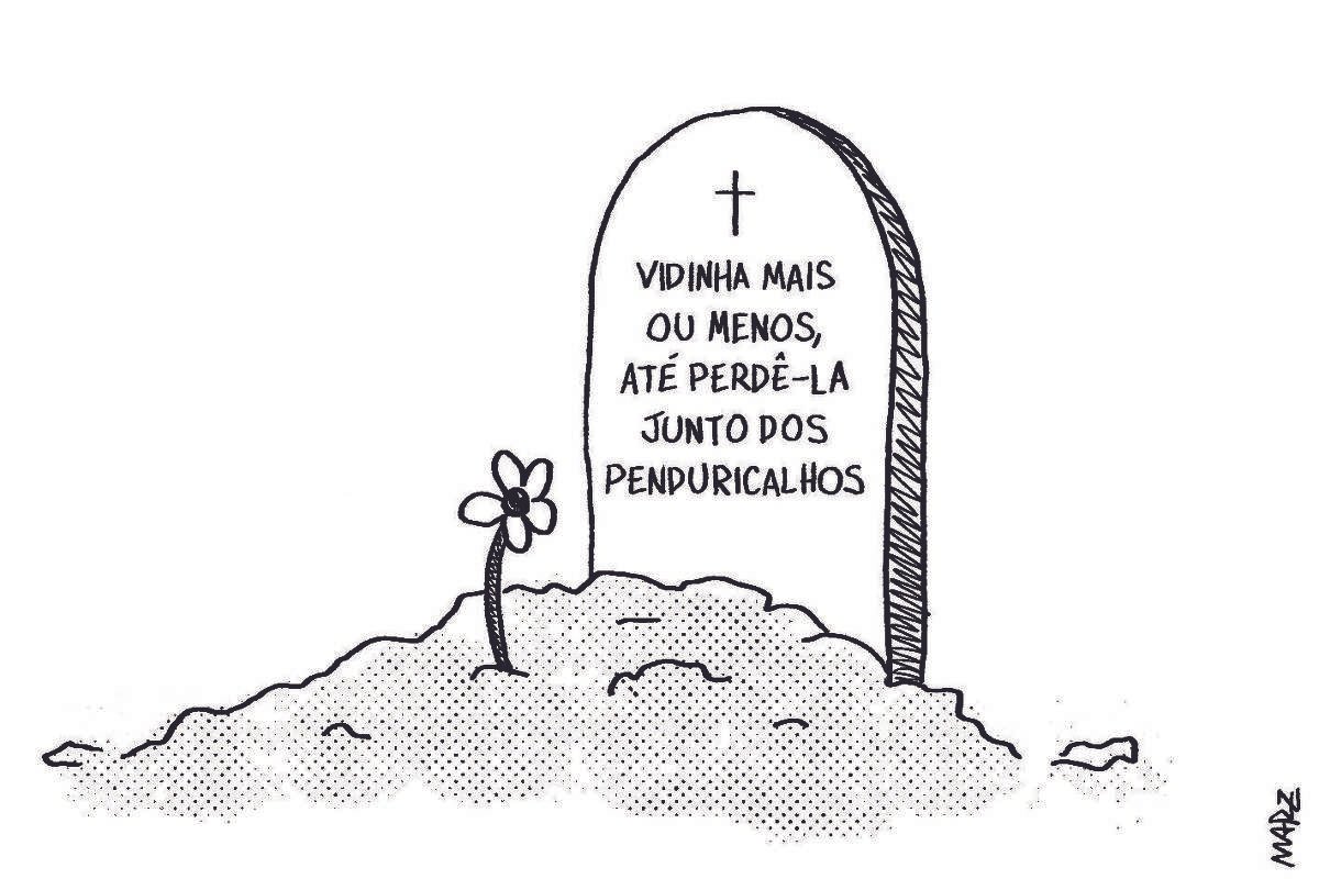 A charge de Marília Marz publicada no dia 9 de maio mostra uma lápide enfiada na terra. Nela, lê-se: