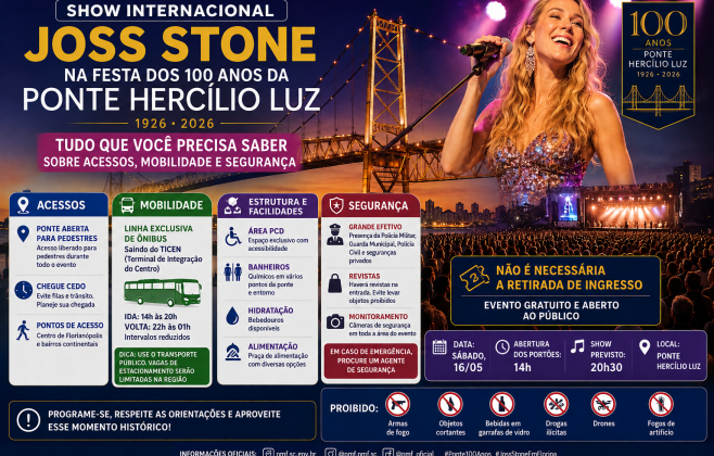Show internacional Joss Stone: Tudo que você precisa saber sobre acessos, mobilidade e segurança na festa dos 100 anos da Ponte Hercílio Luz
