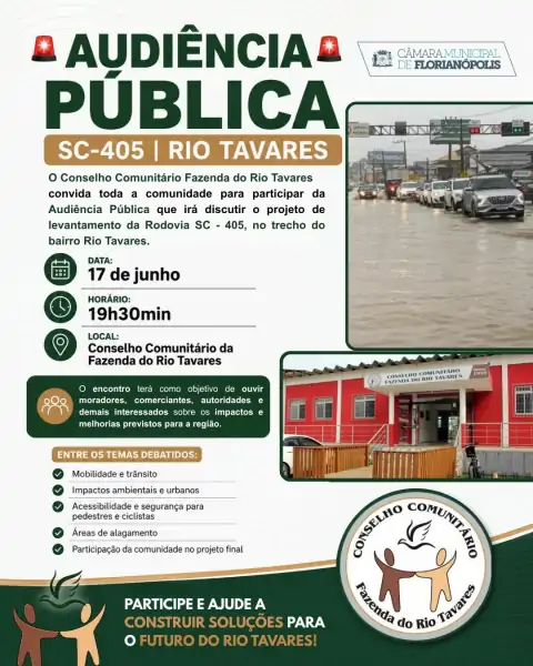 Audiência pública discute nesta terça-feira solução para alagamentos e mobilidade na SC-405, no Rio Tavares • Sul de Floripa