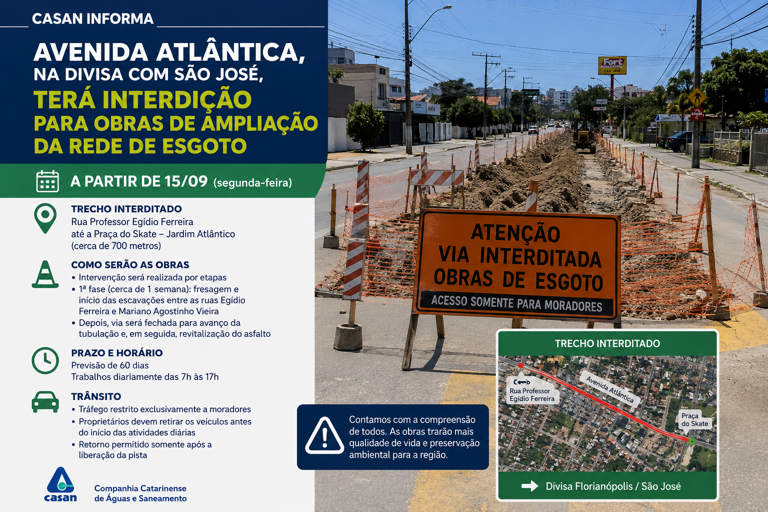 CASAN: Avenida Atlântica, na divisa com São José, terá interdição para obras de ampliação da rede de esgoto