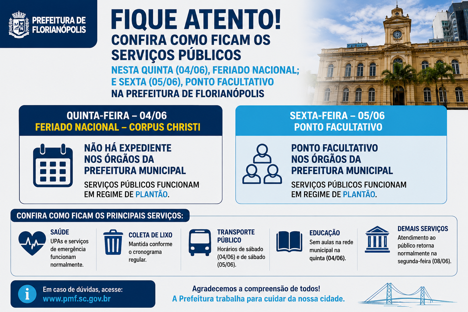 Confira como ficam os serviços públicos nesta quinta-feira (04), feriado nacional; e sexta, ponto facultativo na Prefeitura de Florianópolis