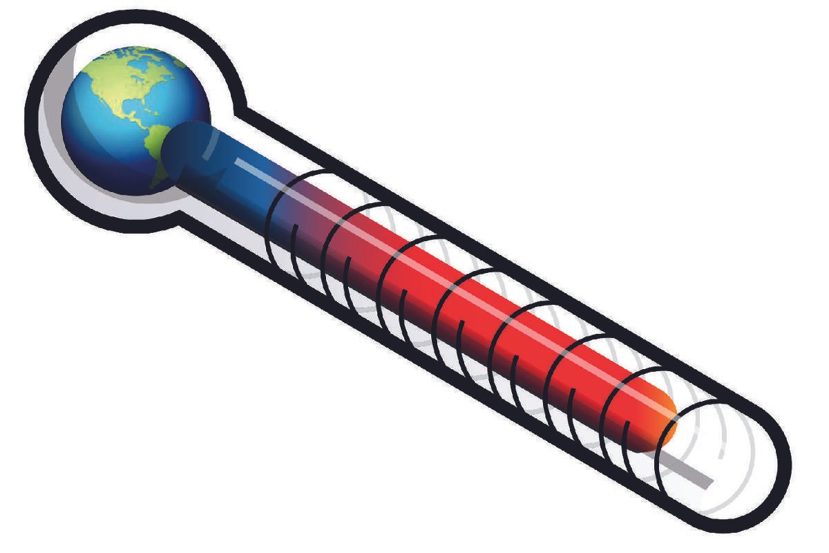 Ilustração de termômetro horizontal com bulbo representado pelo globo terrestre. Coluna do termômetro mostra graduações e líquido vermelho indicando alta temperatura.