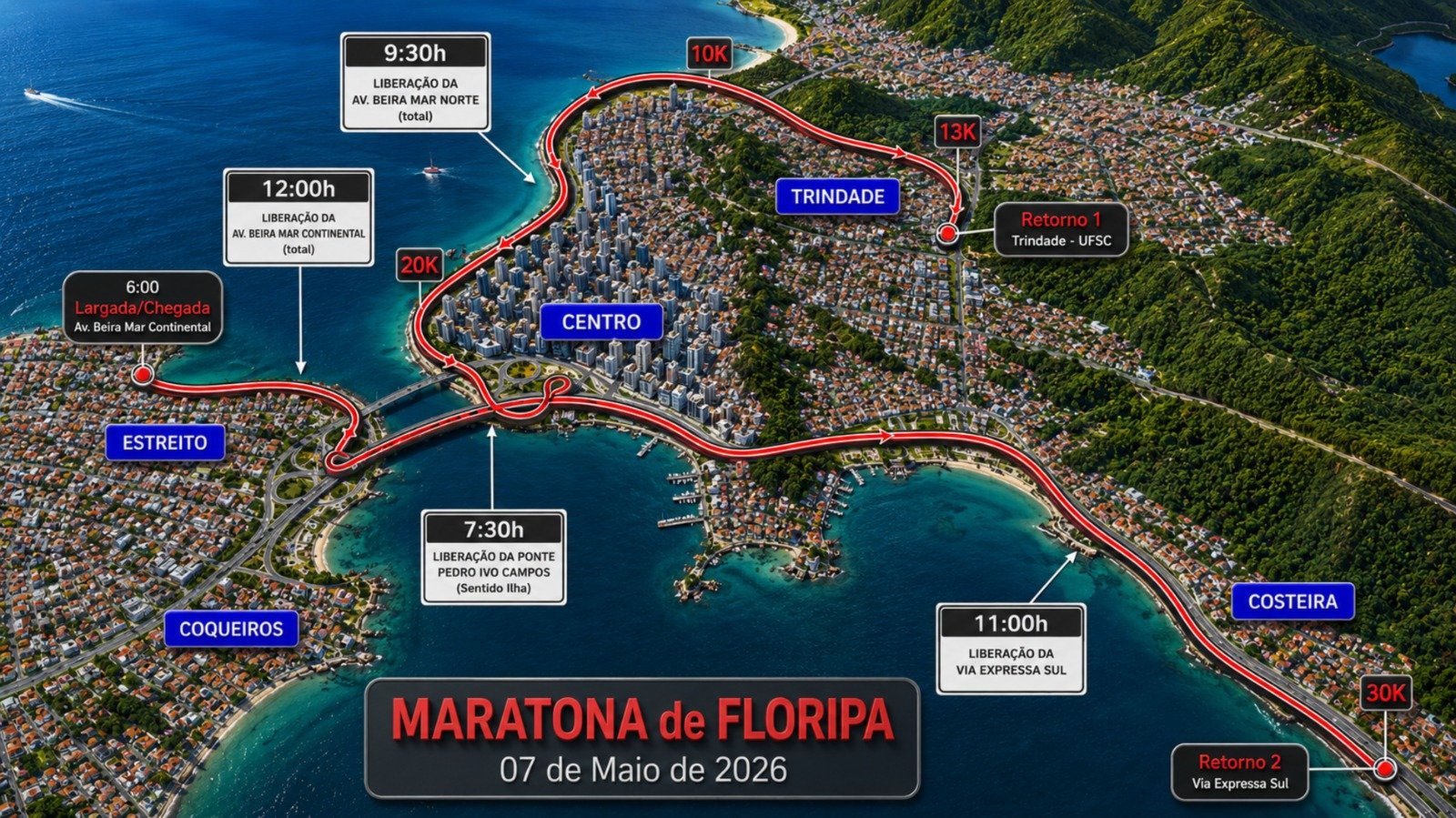 Maratona de FLORIPA vai alterar trânsito neste domingo (7); Até 12h as vias estarão totalmente liberadas