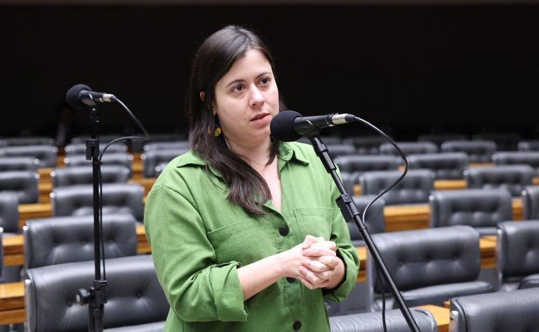 Deputada Sâmia Bomfim fala ao microfone