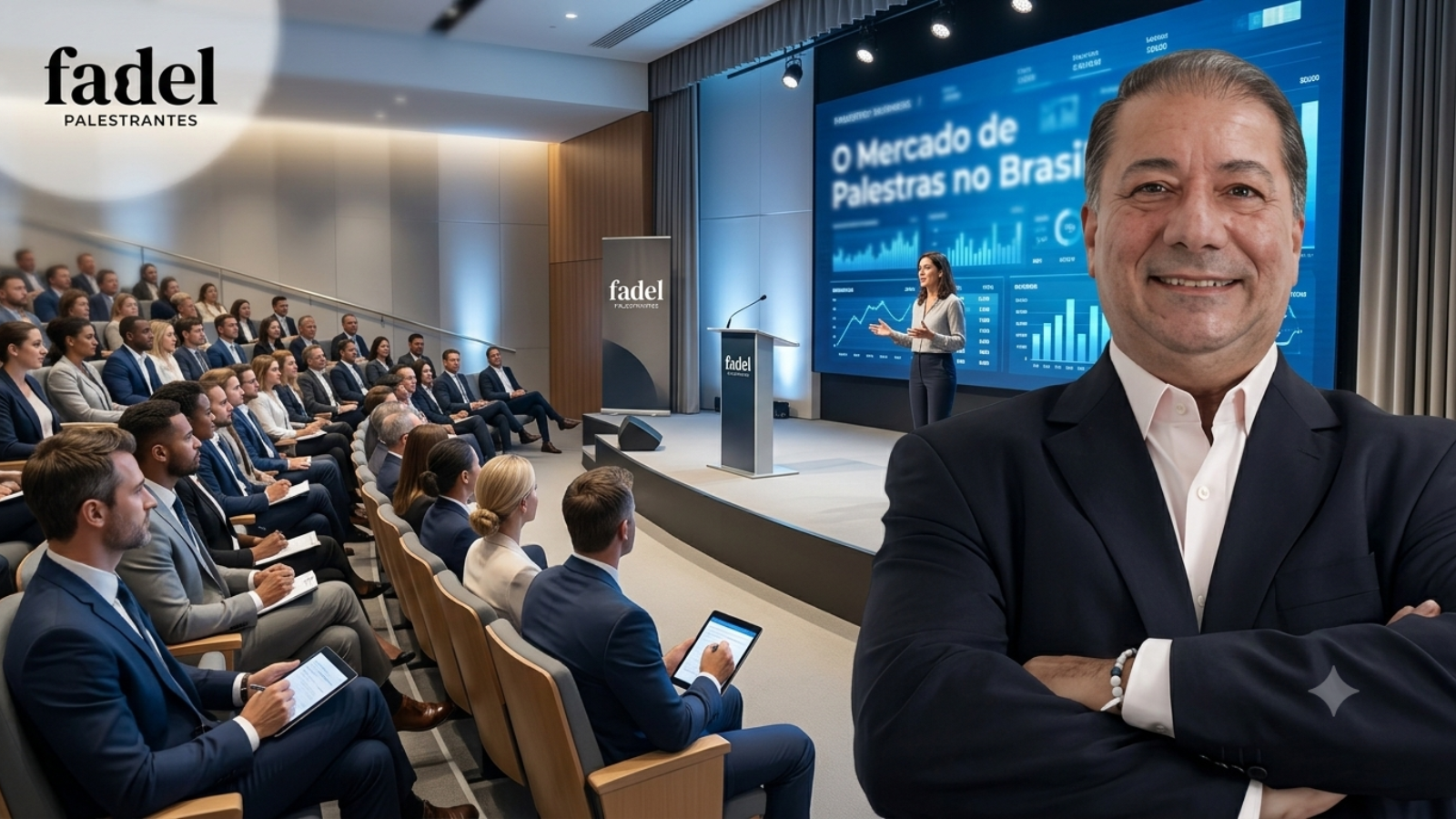 David Fadel durante divulgação do Curso Nacional para Palestrantes, em composição com auditório corporativo, destacando o mercado brasileiro de palestras e desenvolvimento profissional.
