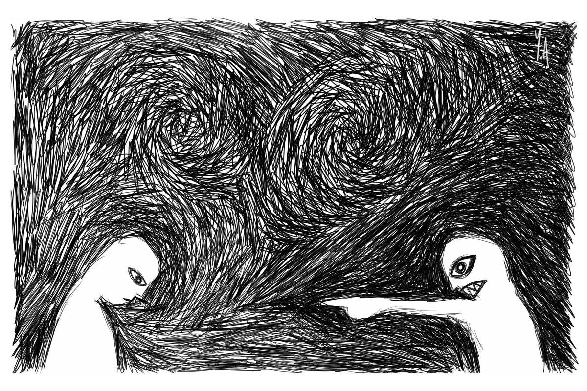 duas pessoas enfrentadas, uma delas cabisbaixa e a outra aponta o dedo indicador com cara de raiva. A ilustração tem o fundo com redemoinhos pretos rabiscados