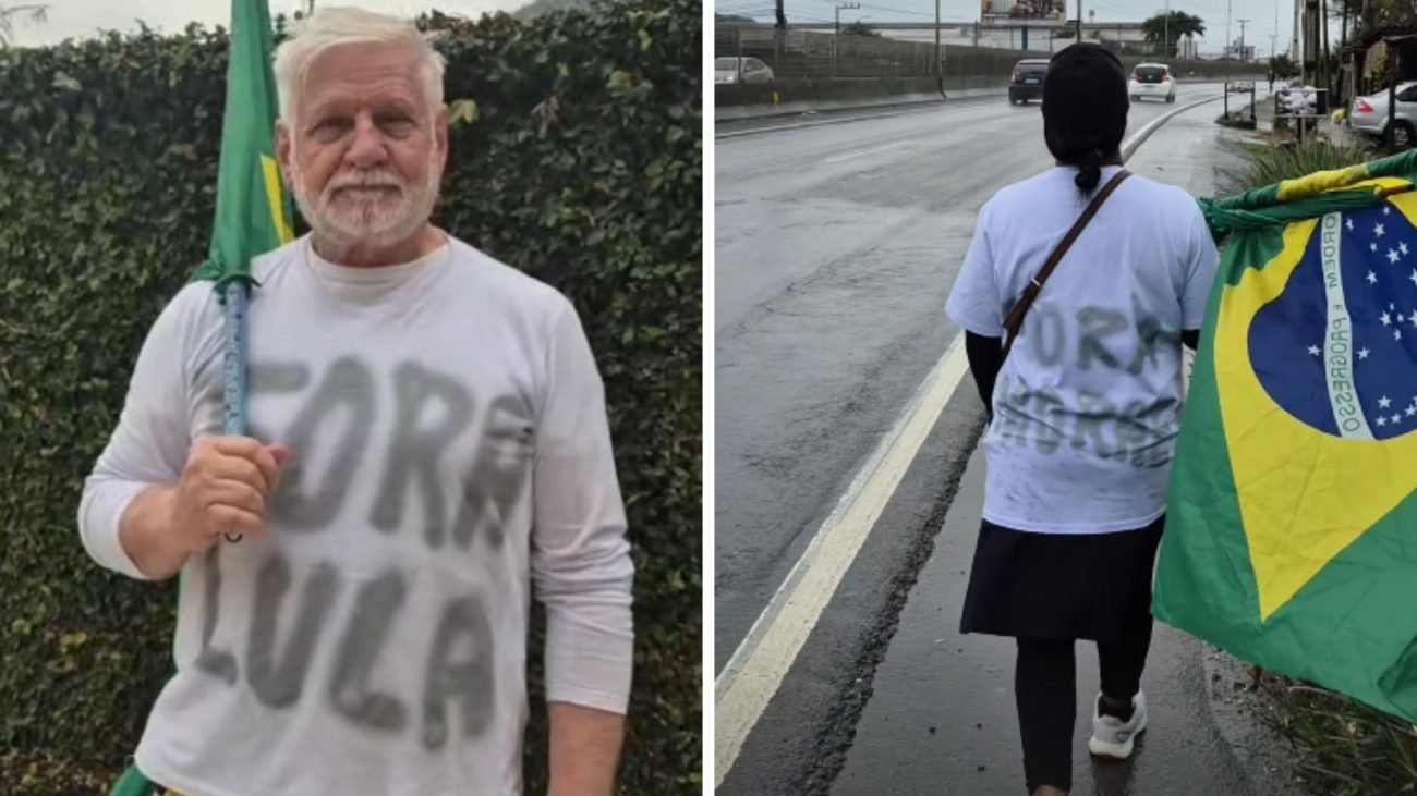 Casal de SC faz protesto contra Lula e Alexandre de Moraes com caminhada de quase 200 km segurando bandeira do Brasil