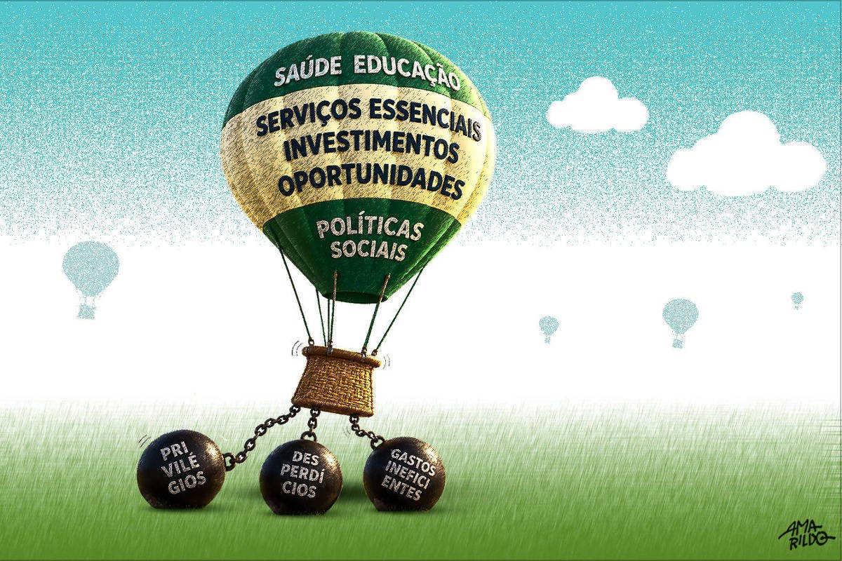 Ilustração horizontal, em estilo editorial, mostra um balão de ar quente subindo sobre um campo verde, sob um céu azul com nuvens brancas. O balão, em tons de verde, amarelo e branco, traz as palavras Saúde e Educação na parte superior; no centro, Serviços essenciais, Investimentos e Oportunidades; e, abaixo, Políticas sociais. Presas por correntes ao cesto do balão, três pesadas bolas de ferro negras repousam no chão. Nelas estão escritas as palavras Privilégios, Desperdícios e Gastos ineficientes. Ao fundo, pequenos balões aparecem distantes no céu. A imagem simboliza o peso de gastos e privilégios que dificultam o avanço de serviços públicos, investimentos e políticas sociais.