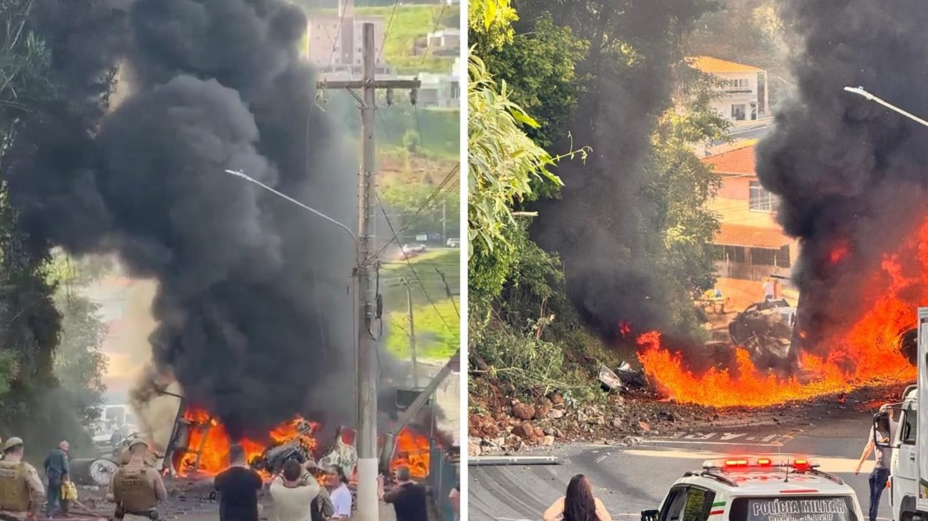 Carreta sem freio provoca acidente e incêndio de grandes proporções na Serra de Capinzal, no Meio-Oeste