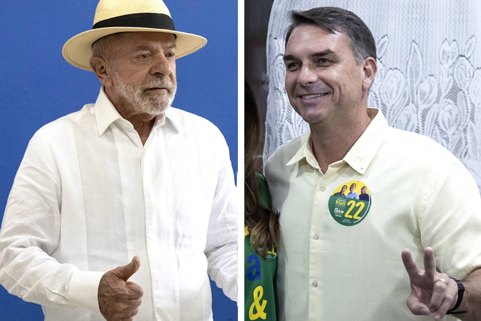 À esquerda, homem de barba branca usa chapéu palha e camisa branca, com fundo azul. À direita, homem sorridente veste camisa clara com adesivo de campanha eleitoral número 22, fazendo sinal de paz com a mão.
