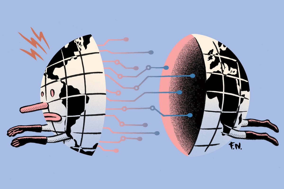 Ilustração mostra dois globos terrestres divididos ao meio, cada um com braços e pernas humanos. O globo da esquerda tem um nariz longo e linhas vermelhas saindo dele, conectando-se ao globo da direita por circuitos eletrônicos. Fundo azul claro.