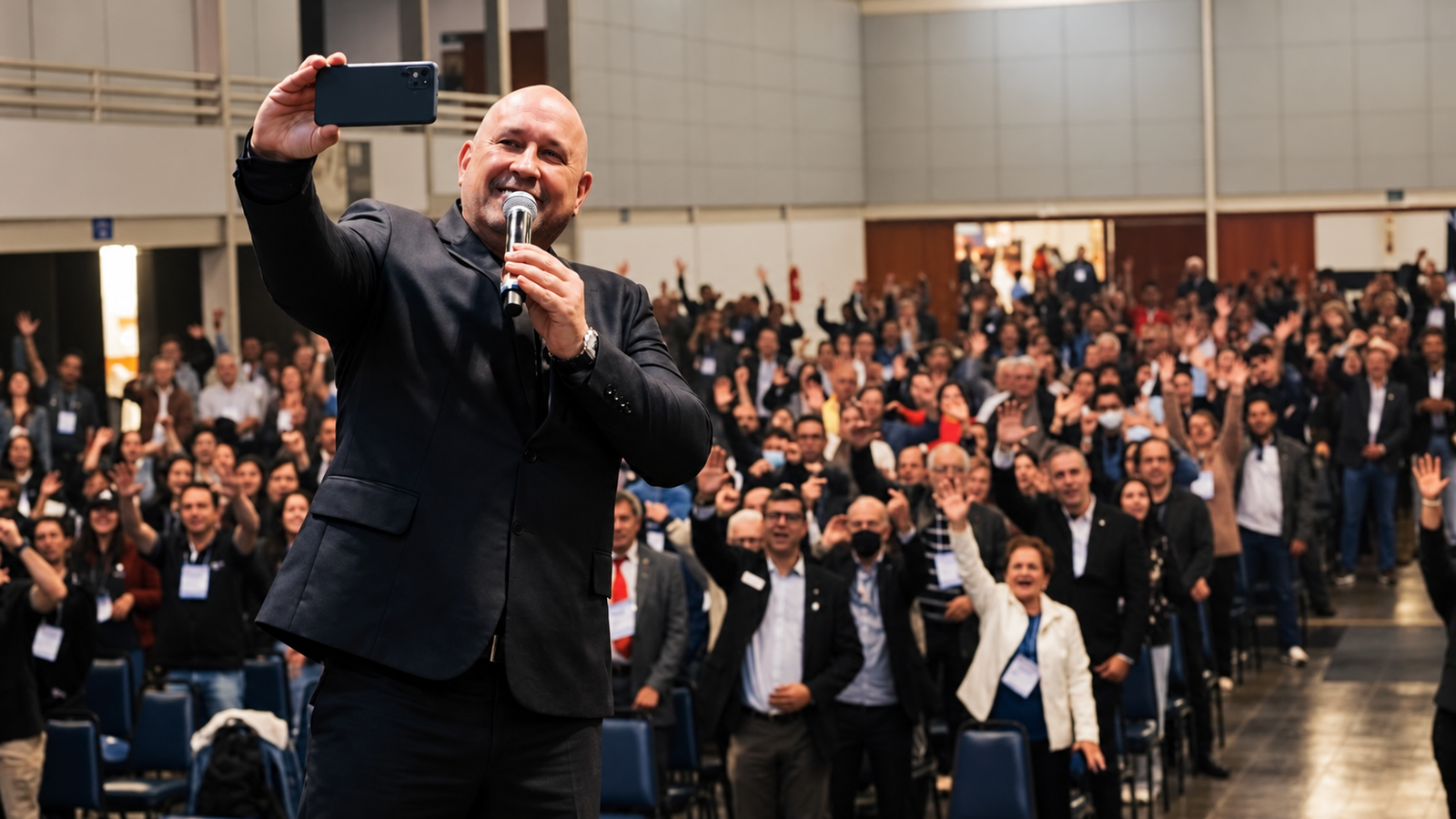 Em evento com grande público, palestrante registra momento de interação com a plateia, em uma cena que destaca a conexão entre comunicação, presença de palco e engajamento.